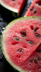 Wall Mural - Close-up of juicy watermelon slices on a black background.