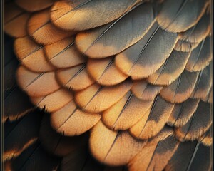 Poster - Close-up of overlapping bird feathers with warm tones.