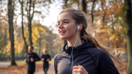 Young Woman Jogging With Earphones in Scenic Autumn Park