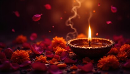 A lit oil lamp sits amidst colorful flower petals, exuding a warm glow and gentle smoke, creating a serene and festive atmosphere.