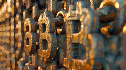 Poster - an abstract representation of blockchain technology with bitcoin symbols connected in a chain, repre