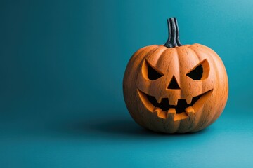 Carved Jack-o'-Lantern with an Evil Grin on a Teal Background