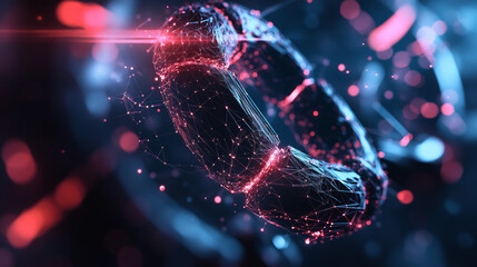 Poster - A blockchain network is represented as a chain of connected links, signifying security in online business and finance. This modern design uses a 3D geometric style for a global.low poly wireframe.