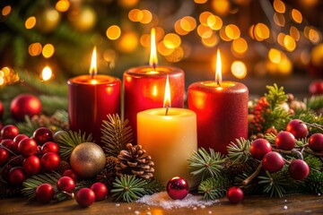 Wall Mural - warm christmas eve ambiance with candles holiday lights and decorations