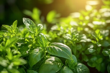 Close-up of vibrant green basil plants bathed in warm sunlight.