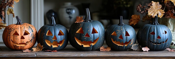 Classic pumpkins like hooligans and baby boos adorn a textured table.