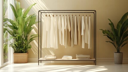 Poster - Minimalist clothing rack displaying womenswear with green plants
