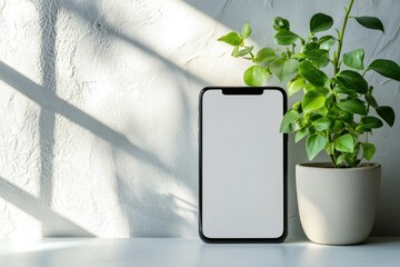 Poster - Smartphone with blank screen standing on white desk near green plant in flowerpot