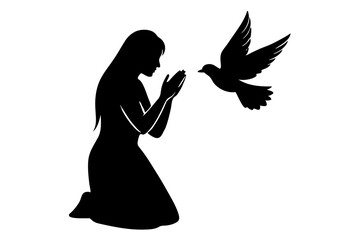 Women praying and free bird fly | isolated vector silhouette illustration on white background