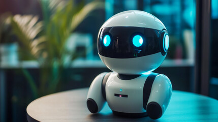 Poster - A virtual assistant uses voice recognition to understand your commands. It's powered by artificial intelligence, like a helpful robot. The image shows a friendly chatbot with a simple, modern design.