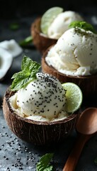 Canvas Print - Coconut ice cream scoops in coconut shells garnished with mint and chia seeds.