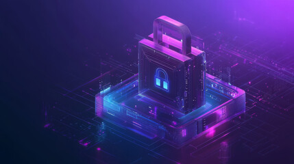 Poster - A digital lock protecting a large amount of data.  This image represents online security, privacy, and the future of technology in business.low poly wireframe.