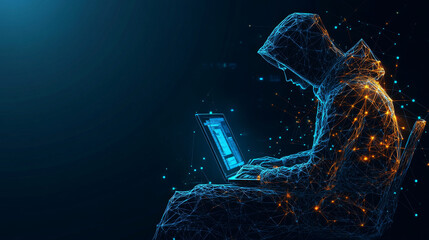 Poster - A shadowy hacker sits at their laptop, targeting online security. The image shows a cyber attack in a low-poly style, representing the complex nature of digital threats.low poly wireframe.