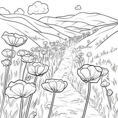 An adventurous biking trail through a flower field, coloring page for kids, simple outline illustration. Coloring book, simple lines.