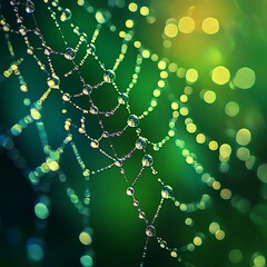 Poster - Dew drops on a spiderweb with a blurred green background.