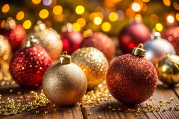 Canvas Print - red and gold christmas ornaments with sparkling lights on rustic wood for christmas eve