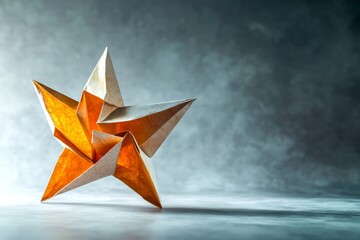 Poster - construct a single origami star at a tilted angle, showcasing creativity and elegance in its folds.,