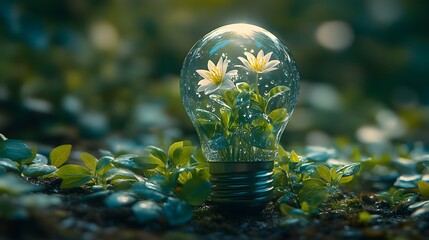 A light bulb with two white flowers inside, surrounded by greenery.