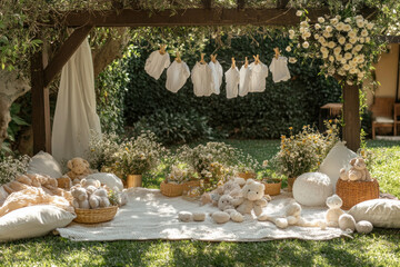 Wall Mural - Cozy Outdoor Baby Shower Scene Featuring Picnic Blankets, Folding Chairs, And Whimsical Decorations Like Stuffed Animals And Baby Clothes Hanging On A Clothesline, All Surrounded By Lush Greenery