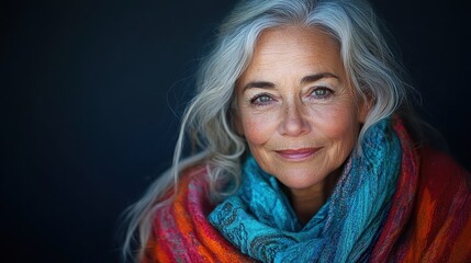 An elderly woman with silver hair smiles gently, wrapped in a colorful scarf, exudes wisdom, tranquility, and a welcoming aura against a dark background.