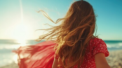 A young girl stands on the beach, her hair flowing in the wind, and holding a red cloth which flutters behind her, symbolizing youthful joy and freedom.