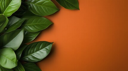 This image showcases a collection of vibrant green leaves against a bold, rich orange background, creating a striking contrast and a sense of freshness and vitality.