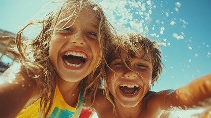 Two children are happily laughing and splashing water on each other, enjoying a bright sunny day at the beach with clear blue skies overhead.