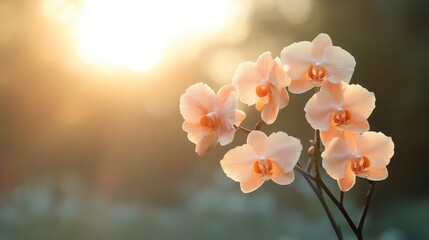 A serene image capturing the soft glow of sunlight illuminating delicate peach-colored orchids, symbolizing elegance and tranquility in a natural setting.