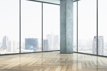 Poster - Bright spacious interior with wooden flooring, panoramic windows with city view and daylight. 3D Rendering.