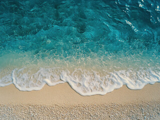 Sticker - Horizontal View Of Gentle Waves Rolling Onto A Sandy Beach, Painted In Shades Of Blue That Transition From Cobalt To Azure, Ideal For A Relaxed Coastal Theme