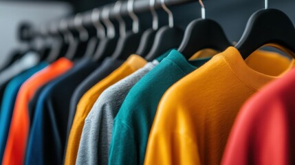 A neatly arranged row of colorful garments, showcasing an array of textures and fabrics, is displayed on black hangers, exuding a vibrant and fashionable appeal.