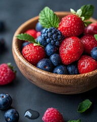 Wall Mural - Fresh berries in a wooden bowl.