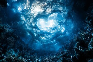 Aufkleber - Wide-angle view of surreal underwater worlds blending with impressionist swirls, rich shadows play across the ocean floor., photo of Isolated on transparent background-- C100