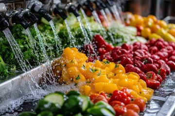 Canvas Print - Fresh produce being washed in a commercial kitchen sink.