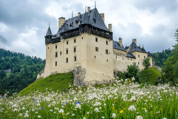 Sticker - Picturesque Castle Atop A Hill, Surrounded By Lush Greenery And Blooming Flowers, Creating A Romantic Fairy Tale Background