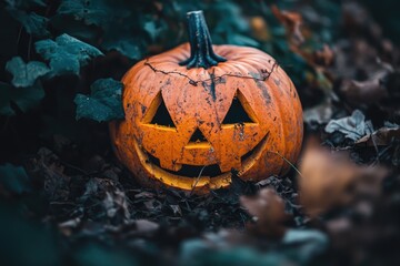 Wall Mural - Carved Pumpkin with a Grin Amidst Autumn Leaves