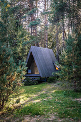 Cabin in forest. Cozy a frame house in the forest for relaxation and rest. Green architecture in nature