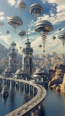 Futuristic floating city with spiral towers in a rocky landscape. Concept of Science Fiction Day