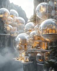 Wall Mural - Futuristic city built on cliffside with glass spheres as homes.