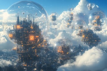 Canvas Print - Futuristic city encased in bubbles floating in the clouds.