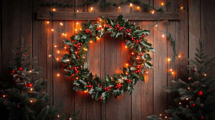 Sticker - Wallpaper Depicting A Wreath Of Holly Leaves Encircled With Twinkling Fairy Lights, Set Against A Rustic Wooden Background To Create A Cozy Christmas Atmosphere