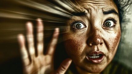 Close-up of a terrified woman with wide eyes, raising her hand in defense, with motion blur emphasizing fear and urgency in the moment.