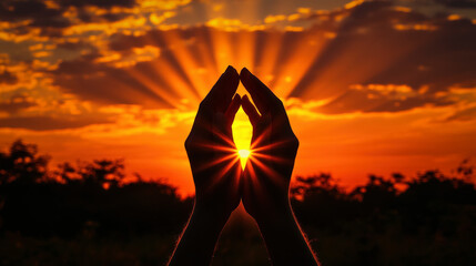 Poster - Wallpaper Featuring A Silhouette Of Hands In Prayer Against A Sunset Backdrop With Soft Rays Of Light, Symbolizing Hope And Spirituality