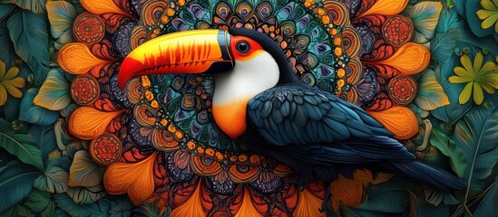 A toucan with a large orange, yellow, and red beak sits on a colorful mandala surrounded by tropical foliage.