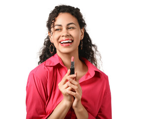 Wall Mural - Happy young African-American woman with pink lipstick on white background