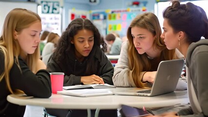 Poster - Four students work together on a group project in a classroom setting, using a laptop and notebooks, Students collaborating on a group project with focus and determination