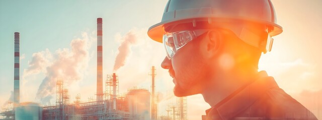 nuclear power plant. Nuclear industry worker on the background of the nuclear power plant. Construction, maintenance, repair of nuclear power plants. Peaceful, safe atom. Banner, copy space