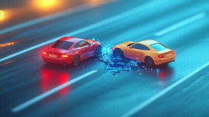 Two cars racing on a futuristic highway with neon lights and speed motion effects