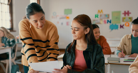 Poster - Teacher, test and education with girl in classroom for learning, entrance exam and scholarship. Helping, knowledge and future with student in high school for solution, studying and problem solving