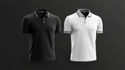 Black and white polo shirt mockup isolated, front view, 3d rendering. Classic short-sleeved t-shirt template, cotton texture. Clean, minimal design for brand placement.